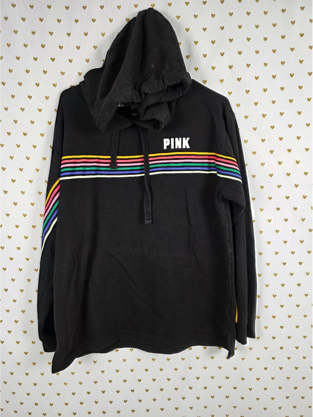 Victorias Secret Pink Rainbow Stripe Medium Pullover Hoodie Sweater